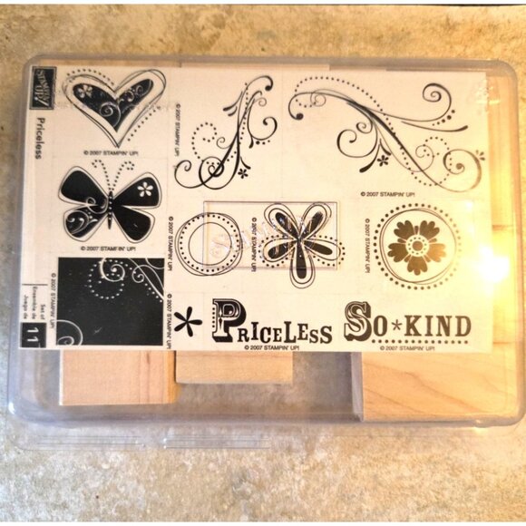 Stampin' Up PRICELESS 11pc Mounted Wood Rubber Stamps 2007 Butterfly Flowers - Picture 1 of 4